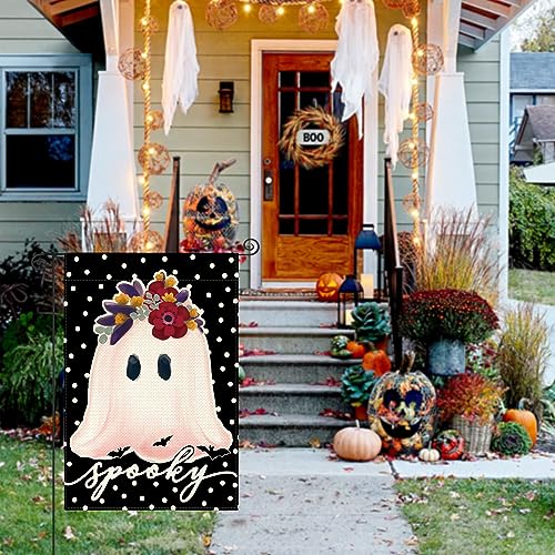 AVOIN colorlife Black Polka Dot Halloween Spooky Ghost Garden Flag 12x18 Inch Double Sided Outside, Cute Party Holiday Yard Outdoor Decorative Flag