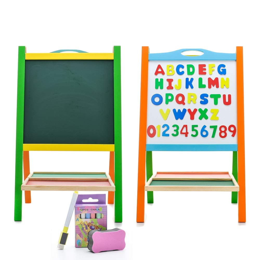 Double Sided Wooden Art Easel for Kids Standing Magnetic Whiteboard Chalkboard Small Toddler Toys. Includes Wooden ABC Numbers. Eco Friendly
