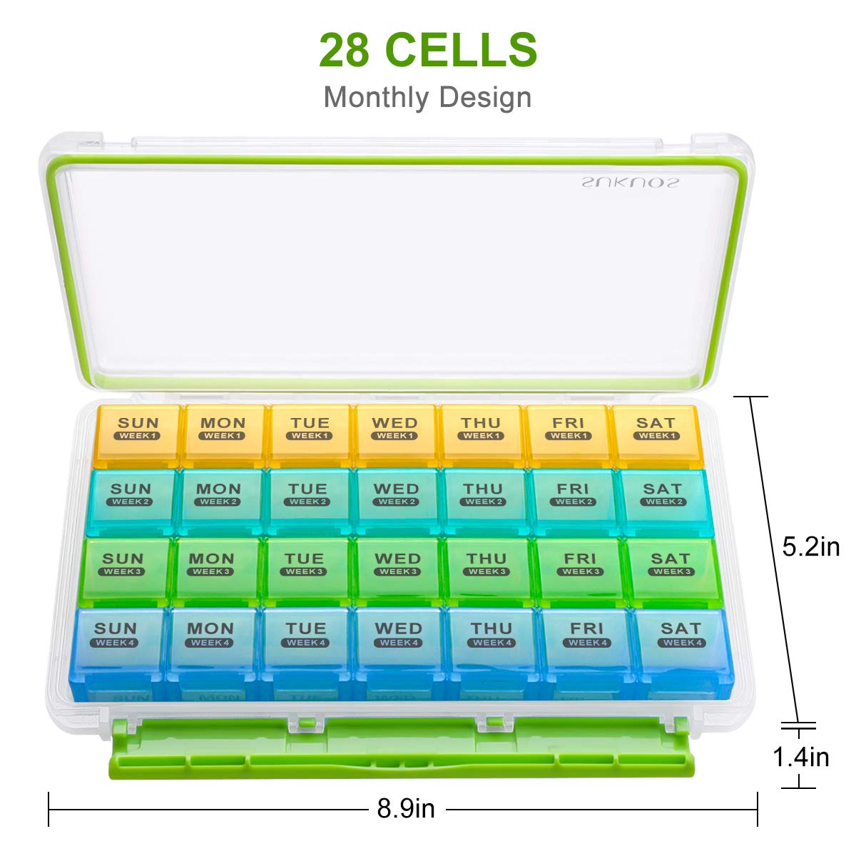 Sukuos Monthly Pill Organizer 28 Day Case, Moisture-Resistant Large 4 Week Month Pill Cases w/Dust-Proof Box for Vitamin/Fish Oil/Supplements, Pill Case w/Clear Lid, Easy to Clean