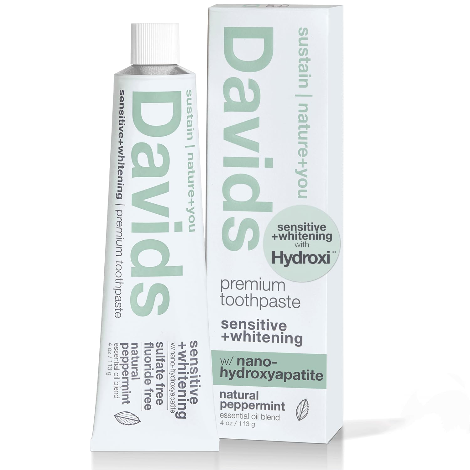 Davids Fluoride Free Nano Hydroxyapatite Toothpaste for Remineralizing Enamel & Sensitive Relief, Whitening, Antiplaque, SLS (Sulfate) Free, Natural Peppermint, 4 oz, Made in USA