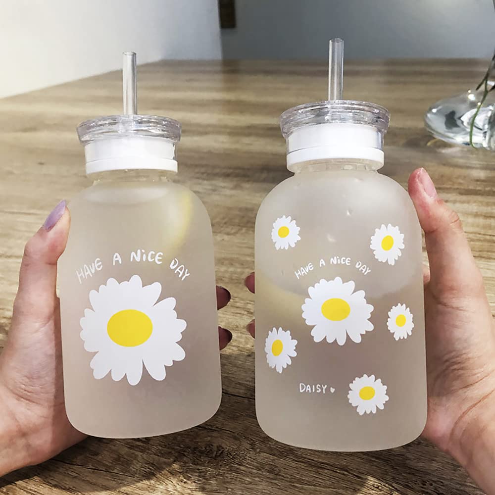 JZSMY 480ml Milk Juice Cute Water Bottle with Scale 2 Lids Little daisy Matte Portable Transparent Water Cup Glass Bottles Creative Handy Cup (1Pcs Six Flowers)