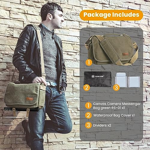 TARION Canvas Camera Bag Crossbody - Vintage Photo Bag DSLR Camera Messenger Bag Single Shoulder Bag Photo Bag Case for Women Men Street Urban photography With Waterproof Raincover Green RS-01