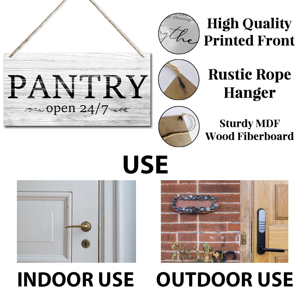 Hanging Pantry Room Sign Pantry Open 24/7 Wood Plaque Signs Wall Hanging for Farmhouse Home Restaurant Coffee Shop Decor, Kitchen Pantry Signs Wall Decor 11.8 x 5.9 Inches - JY783