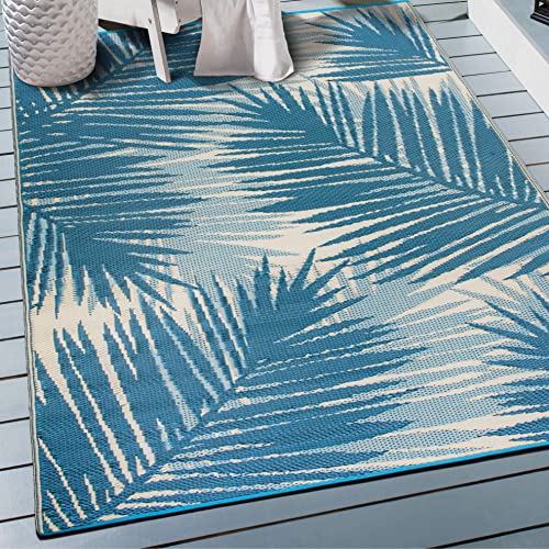 Rugshop Tropical Floral Reversible Crease-Free Waterproof Premium Recycled Plastic Outdoor Rugs for Patio,Backyard,RV,Deck,Picnic,Trailer,Beach,Camping Blue 3' x 5'