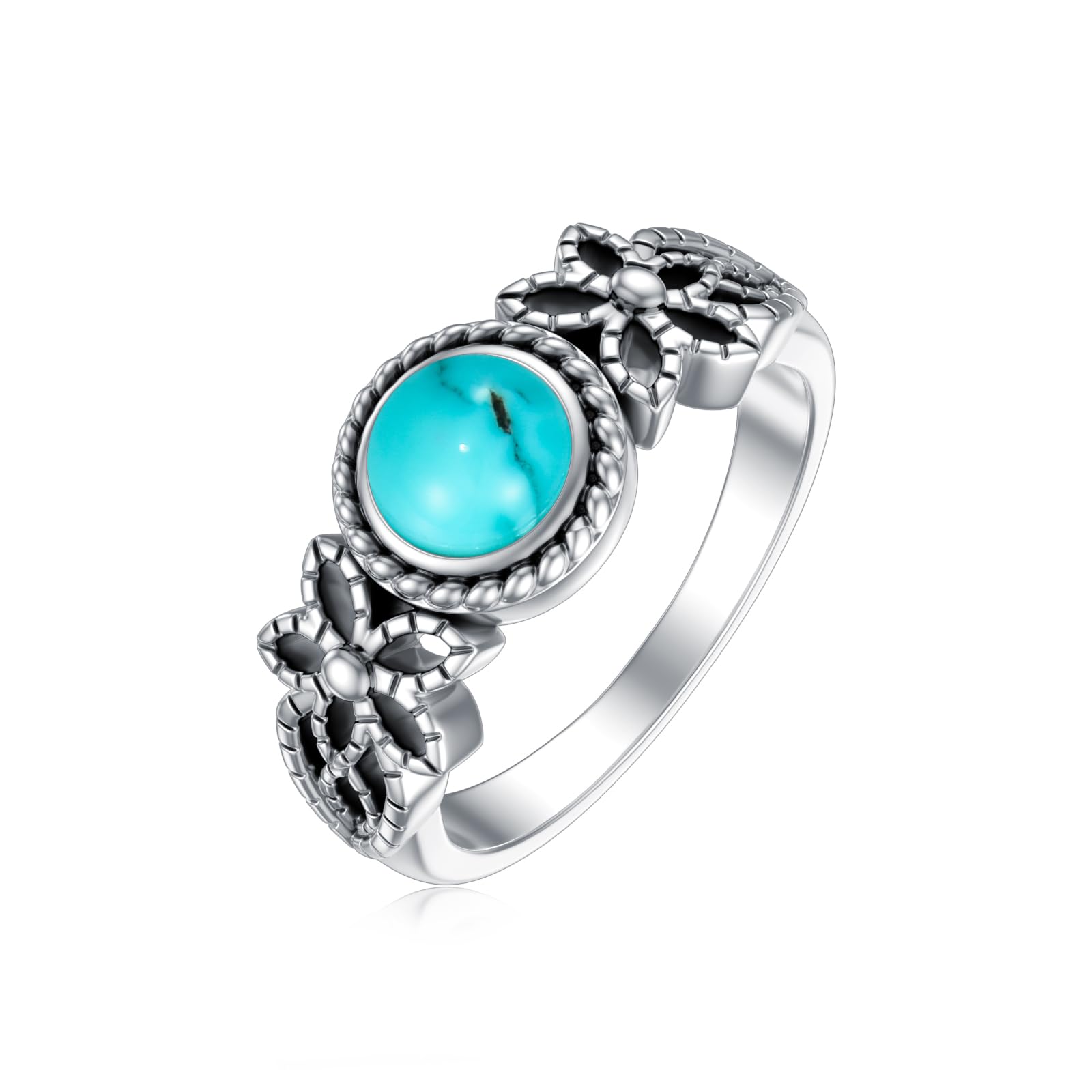 Reaii Turquoise Ring 925 Sterling Silver Flower Rings Natural Turquoise Stone Ring Vintage Handmade Natural Gemstone Rings Turquoise Jewelry For Women Size US 7