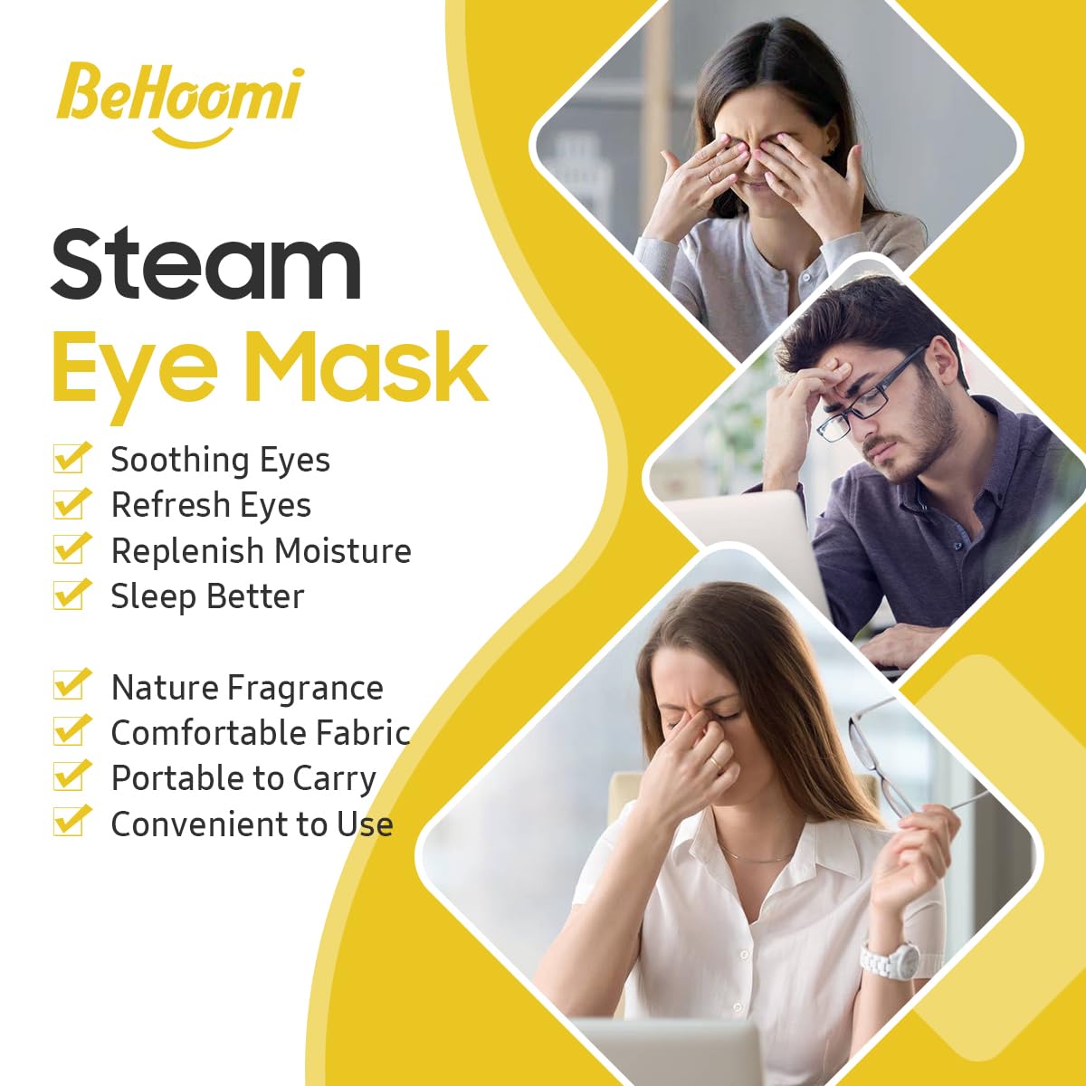 BeHoomi Steam Eye Mask, 10 Packs Heated Eye Mask, Self Heating Disposable SPA Warm Compress for Eyes Sleep Mask, Soothing Moist Heat Eye Masks, Travel Essentials & Relaxation Gifts (Chamomile Scent)