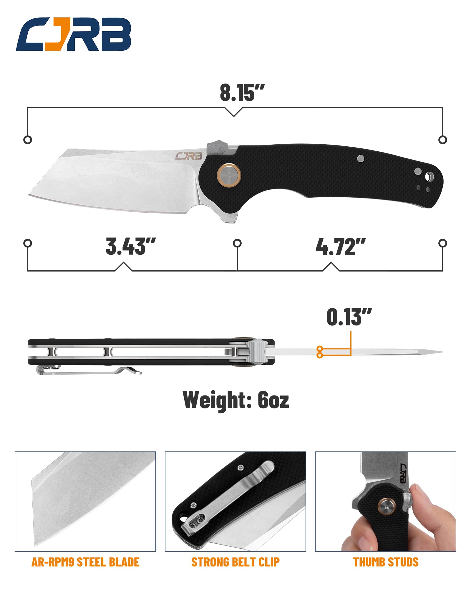 CJRB Crag Tactical Knife, Cleaver Pocket Folding Knife with Stonewash AR-RPM9 Steel Blade and G10 Handle for Men Outdoor, Survival, Camping and EDC (J1904R),Black