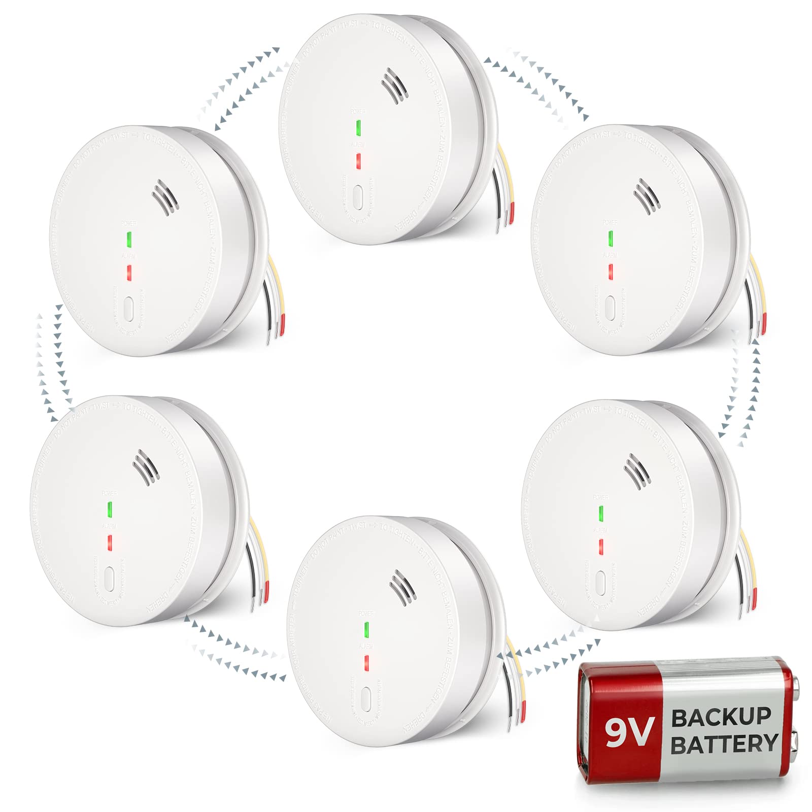 SITERWELL Smoke Detector, Hardwired Photoelectric Smoke Alarm with DC 9V Backup Battery & Interconnected, Fire Alarm with Silence Button, GS517, 6 Packs