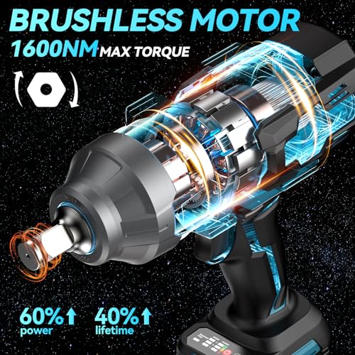 Seesii Cordless Impact Wrench, 1180Ft-lbs(1600N.m) High Torque Impact Gun 3/4", Brushless Impact Wrench w/ 5.0Ah Battery & Fast Charger, Electric Impact Wrench for Truck, Heavy-duty Project, WH1000