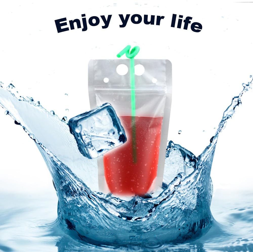 200 Pcs Clear Drink Pouches with Straws for Adults 16 oz Resealable Zipper Stand up Juice Pouches Bags Plastic Liquor Smoothies Container for Cold Hot Drink