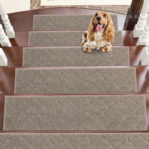 BEQHAUSE Stair Treads Non Slip Stair Runners Step Carpet Mat for Wooden Steps Indoor Machine Washable 28inX9in Edging Polyester Soft Stair Rugs for Kids Elders Pets with TPE Backing(Grey,4pcs)