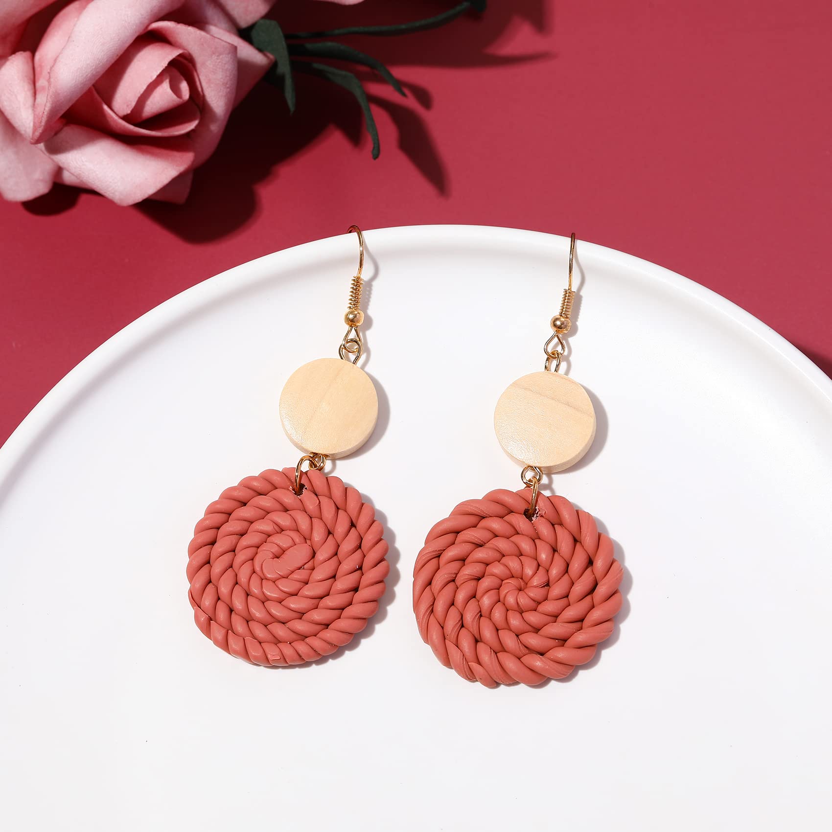 PWUEITR Clay Dangle Earrings Handmade Braided Rattan Earrings Round Square Heart Earrings Vintage Drop Earrings Jewelry Gift for Women,Round 7cm