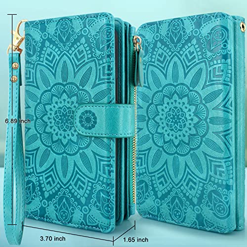 Harryshell Detachable Magnetic Case Wallet with Cash Coin Zipper Pocket 12 Card Slots Holder Wrist Strap Lanyard Compatible with Google Pixel 7 5G (2022) (Flower Blue Green)