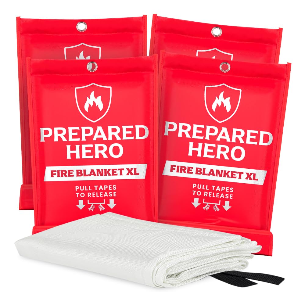 Prepared Hero Extra Large Emergency Fire Blanket - 4 Pack - Extra Large Fire Suppression Blanket for Kitchen, 47” x 71” XL Fire Blanket for Home, Fiberglass Fire Blanket, XL