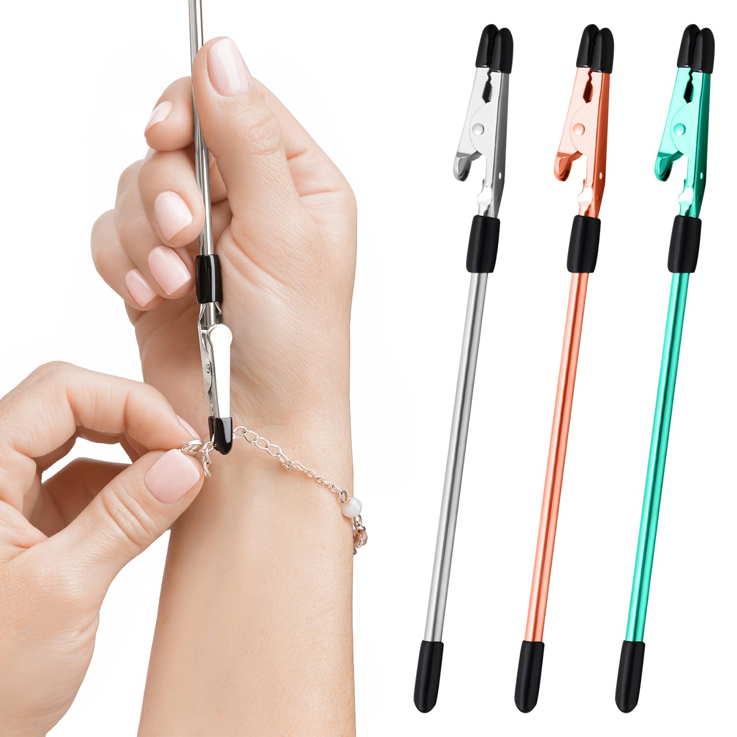 CraftyCrocodile Set of 3 Bracelet Helper Tool - Fastener Tool for Bracelet, Necklace, Jewelry, Watch - Сlip, Clasp Helper - Easy to Put on Yourself, Portable, Made of Metal, Silver, Rose, Teal