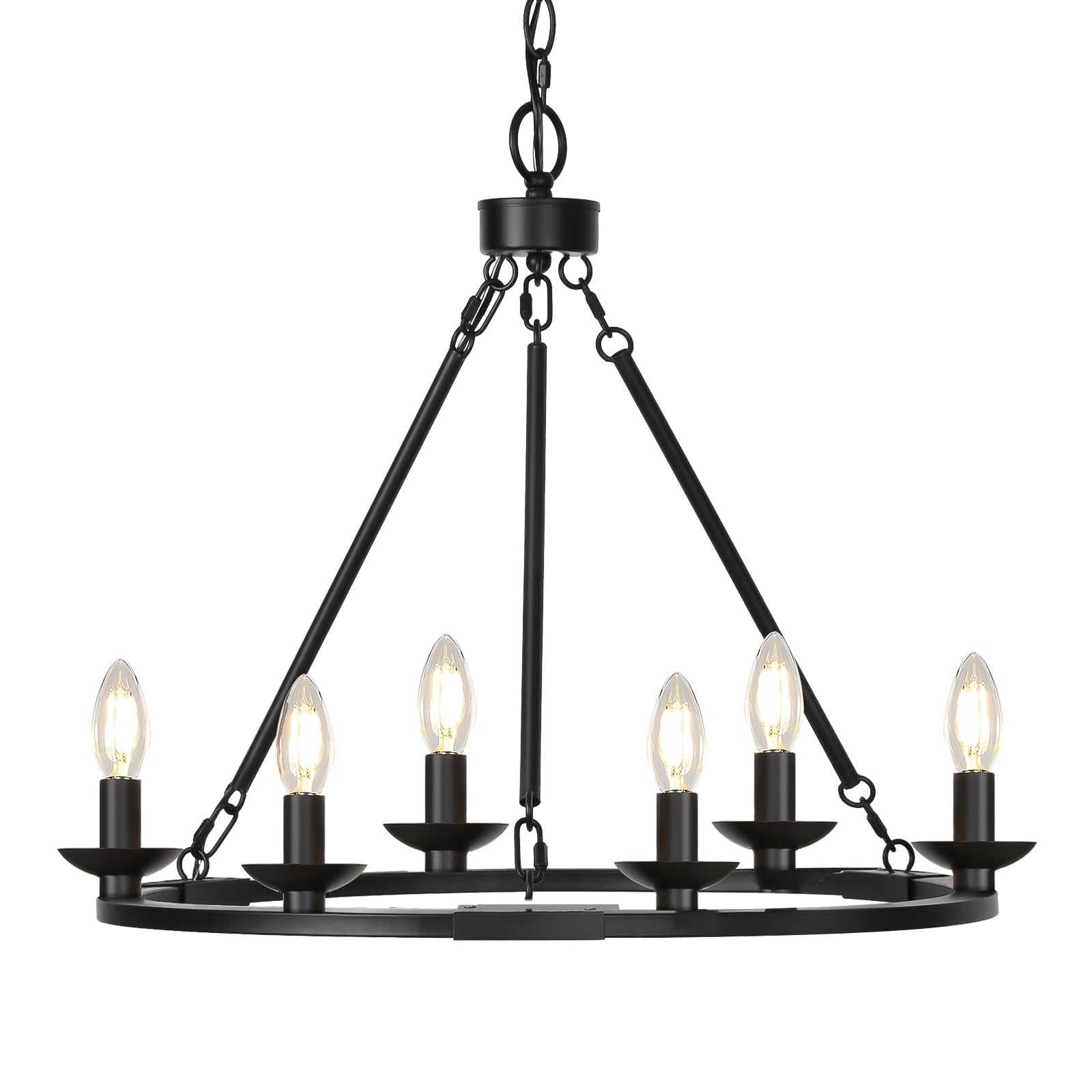 Black Farmhouse Chandelier, 6-Light Wagon Wheel Chandelier with Adjustable Height, Dining Room Light Fixture, Hanging Lights for Kitchen Island, Living Room, Bedroom, Entryway, E12 Base