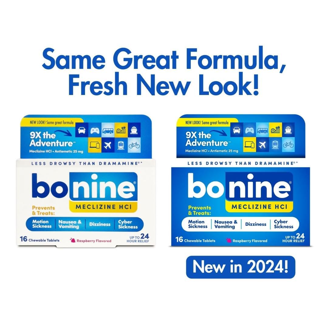 Non-Drowsy Bonine for Motion Sickness Relief, Sea Sickness, Car Sickness, Nausea, & Vomiting - Meclizine HCI 25mg, Travel-Sized - 16ct Raspberry Chewable Tablets (Packaging May Vary)