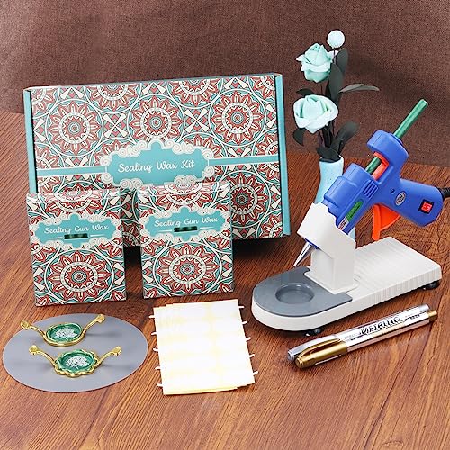 Wax Seal Kit with Gift Box, LONBEIIFY 40Pcs Sealing Wax Sticks with Glue Gun, Wax Seal Molds, Glue Gun Stand, Silicone Waxing Mat and Wax Pens for Wedding Invitations Envelopes Cards (Black)