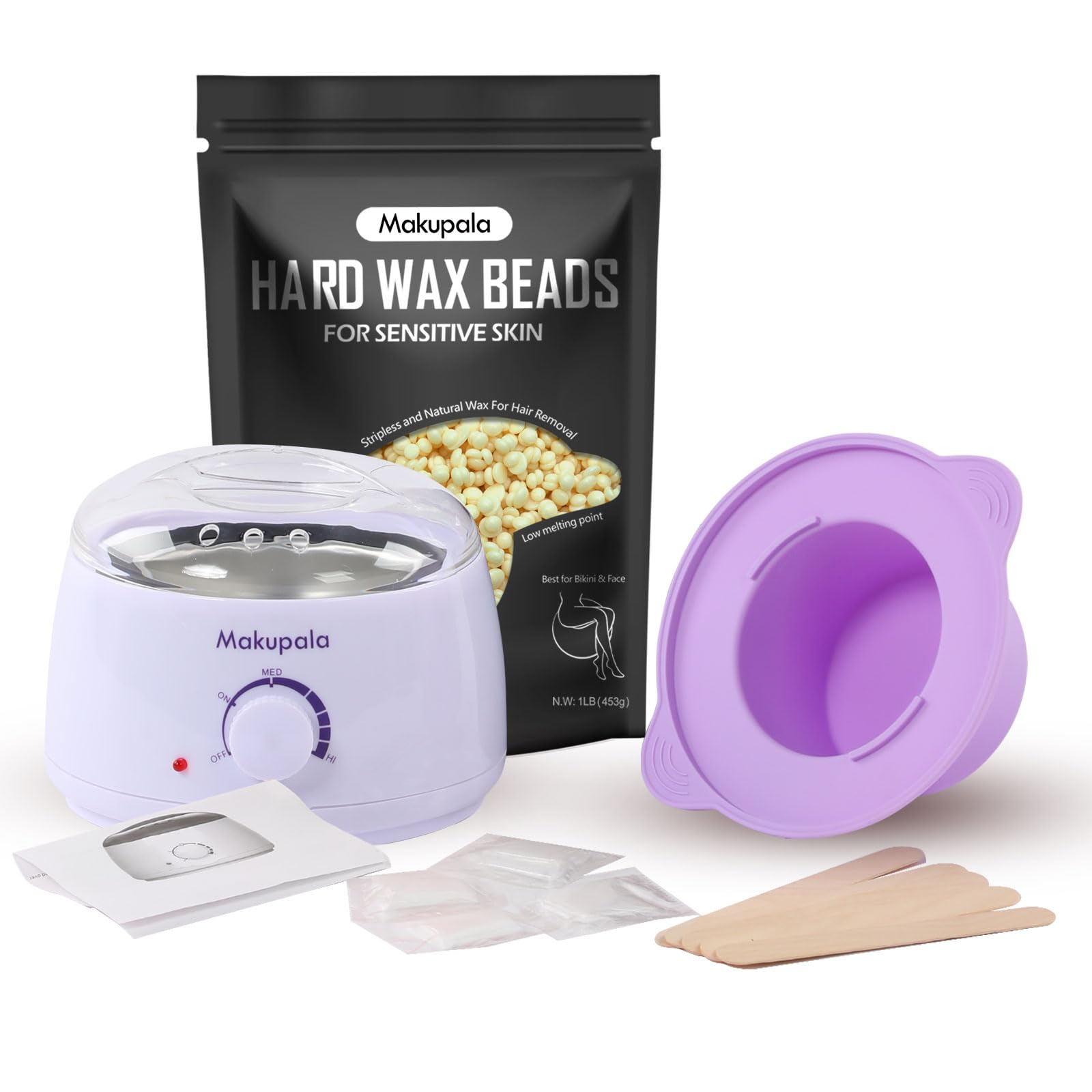 Waxing Kit for Women Men, Home Wax Warmer Machine for Hair Removal with 16oz Wax Beads, Easy to Clean Smooth Silicone Bowl, Hard Waxing Pot for Sensitive Skin, Brazilian Bikini Facial Leg Body, White