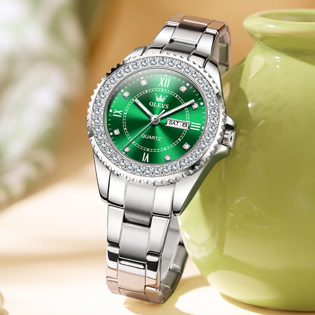 OLEVS Green Women Wrist Watches Luxury Fashion Quartz Analog Stainless Steel Waterproof Ladies Watch Diamond Dial Gift Women Watch