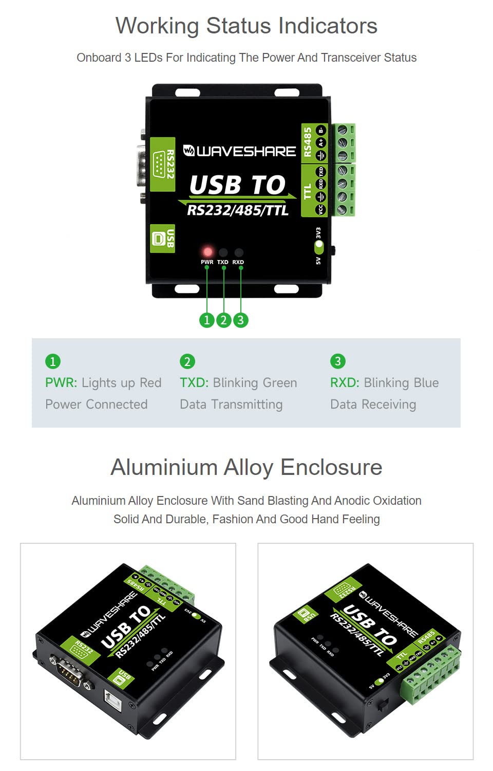 Waveshare USB to RS232 / RS485 / TTL Industrial Isolated Converter with Original FT232RL Embedded Protection Circuits and Aluminium Alloy Enclosure for Industrial Control Equipments