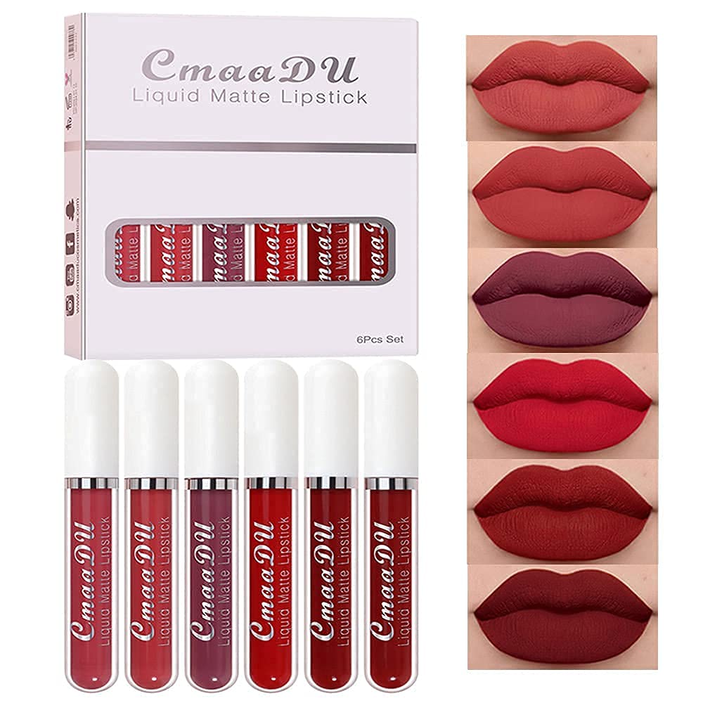 evpct CmaaDu 6Pcs Lipstick Matte Liquid Lipstick Lipgloss Set for Women, Dark Deep Bright Ruby Sexy Brick Red Mauve labiales mate 24 horas originales matte larga duracion 24 Hour Lipstick Long Lasting