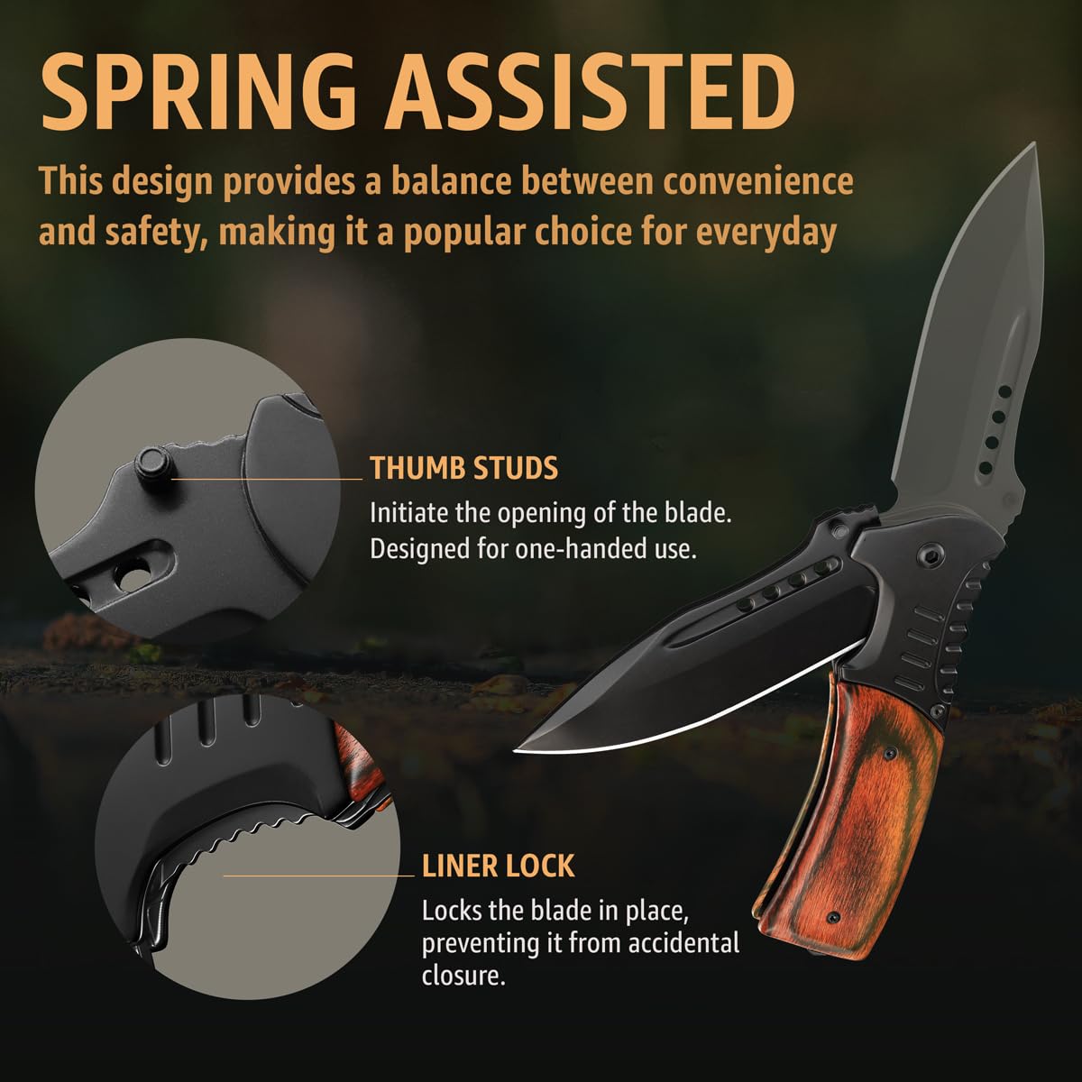 Spring Assisted Knife - 3.66" Sharp Blade - Tactical Pocket Knife for Men with Wood Handle Glass Breaker & Clip - Best Folding Knives for EDC Camping Survival for Dad Husband - Father Day Gifts 0207