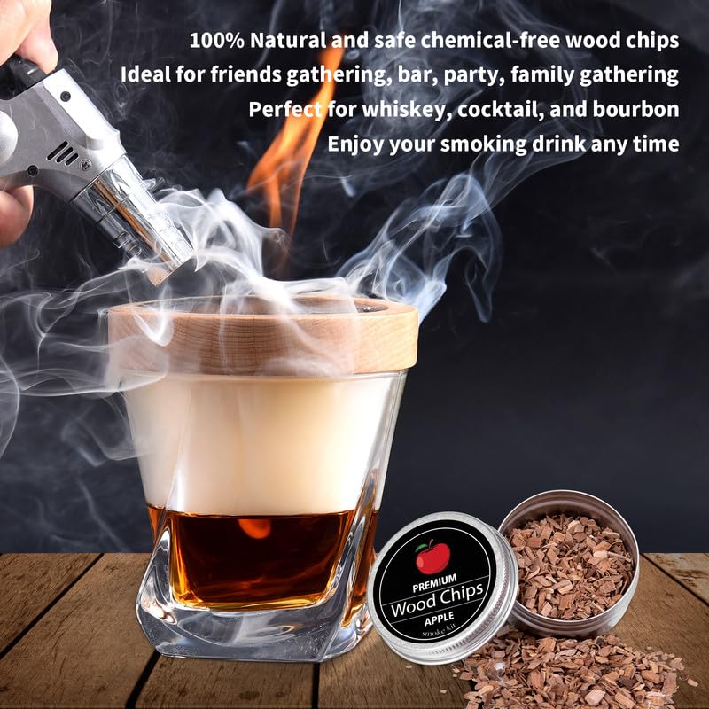 Cocktail Whiskey Smoker Kit with Torch, Old Fashioned Bourbon with 4 Flavored Smoking Wood Chips, Drink Smoker Infuser Kit Gifts for Cocktail Lovers, Men, Dad, Husband, Boss, Boyfriend (No Butane)