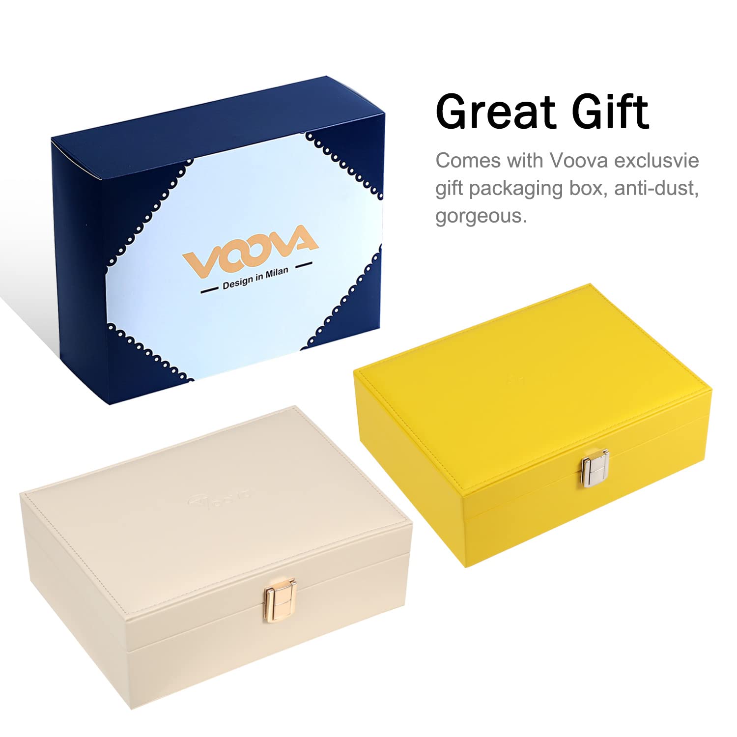 Voova Jewelry Box Organizer for Women Girls, 2 Layer Large Men Jewelry Storage Case, PU Leather Display Jewellery Holder with Removable Tray for Necklace Earrings Rings Bracelets, Vintage Gift,Apricot