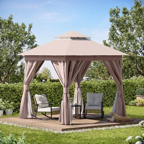 LAUSAINT HOME Outdoor Patio Gazebo with Expansion Bolts, Double Roof Soft top Gazebos Shelter Party Tent with Mosquito Nettings and Privacy Screens for Backyard, Deck, Garden, Lawn (8×8, Khaki)