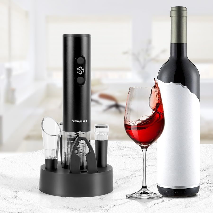 XIWANIKER Electric Wine Opener Set, Cordless Battery Operated Corkscrew, Storage Base, Foil Cutter, Pourer, 2pcs Vacuum Stoppers