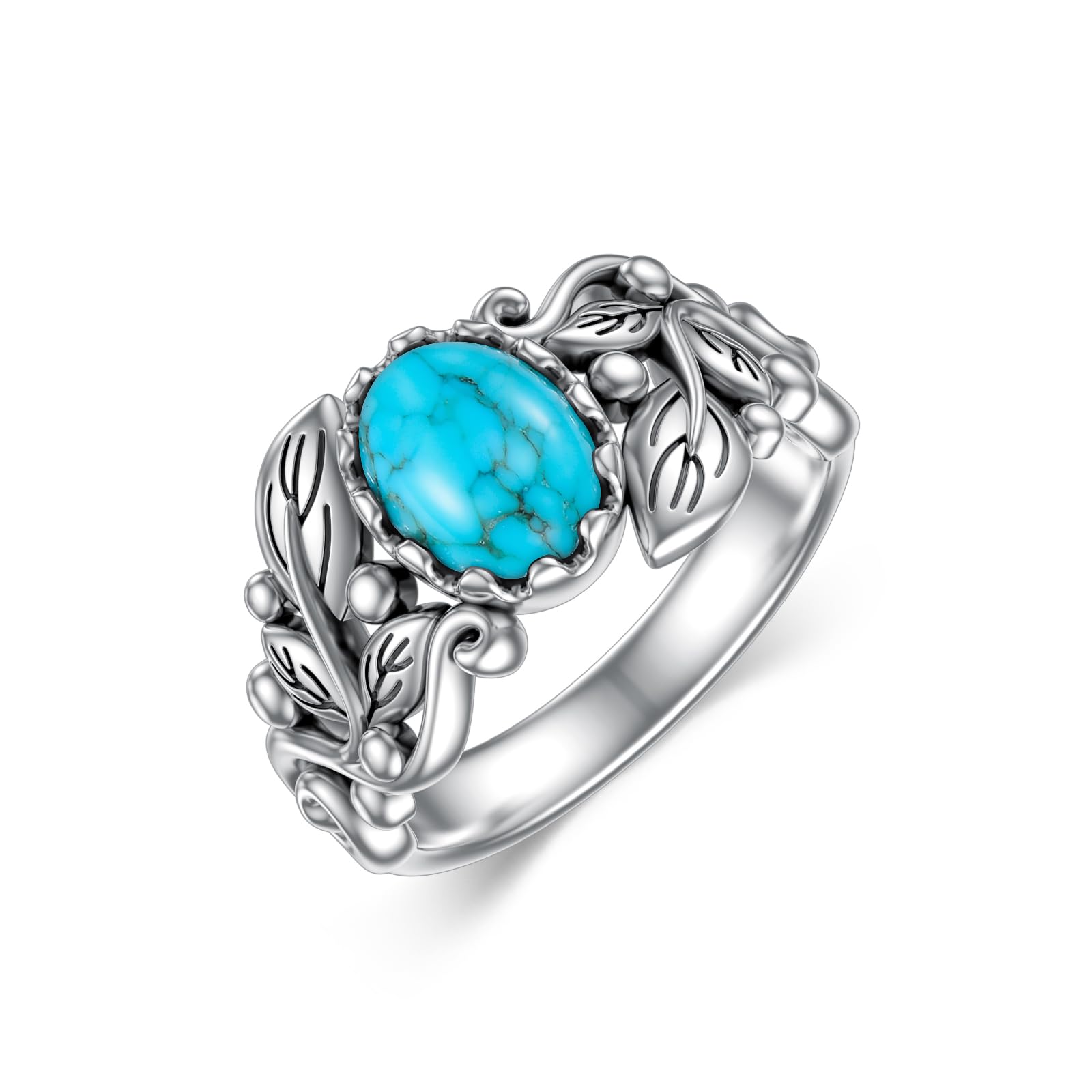 Turquoise Ring 925 Sterling Silver Leaf Ring Leaf Turquoise Ring Western Oval Gemstone Jewelry Vintage Inspired Ring Gift for Women Wife Mom Size 8