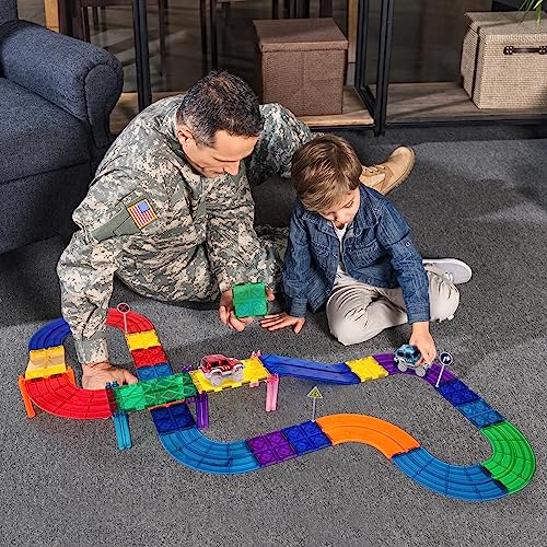 PicassoTiles Magnetic Race Track Toys Car Tracks Set for Toddlers Magnet Building Blocks Tiles Sensory Toys for Kids Include 2 Trucks STEM Engage in Thrilling Races Age 3+ Year Old Boys Girls