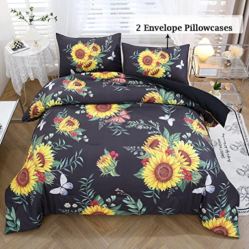 ZRNBAST Aqua Blue Sunflower Comforter Set Twin-3 Piece Butterfly Yellow Floral Bedding Sets-All Season Warmth Ultra Soft Farmhouse Bedding Comforter Sets Twin Size (Twin, Aqua Blue)
