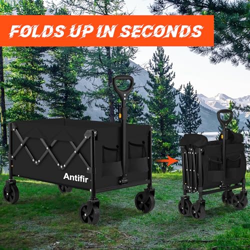 Collapsible Folding Wagon Cart, Portable Garden Wagon Cart All Terrain with Large Capacity, Heavy Duty Foldable Utility Wagon Cart for Groceries, Sports, Shopping, Camping Outdoor, Black