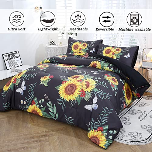 ZRNBAST Aqua Blue Sunflower Comforter Set Twin-3 Piece Butterfly Yellow Floral Bedding Sets-All Season Warmth Ultra Soft Farmhouse Bedding Comforter Sets Twin Size (Twin, Aqua Blue)