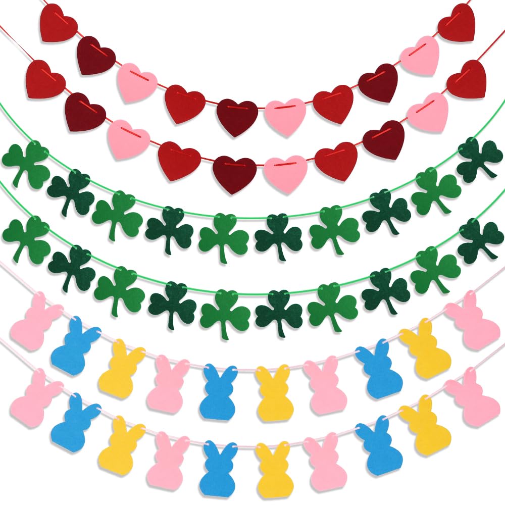 Valentines Day Decorations, 6 PCS Felt Garland for Valentines, St Patricks, Easter Decorations, Heart Garland for Mantle, Wall, Party Heart Decor, Valentines Day Banner for Valentines Day Decor