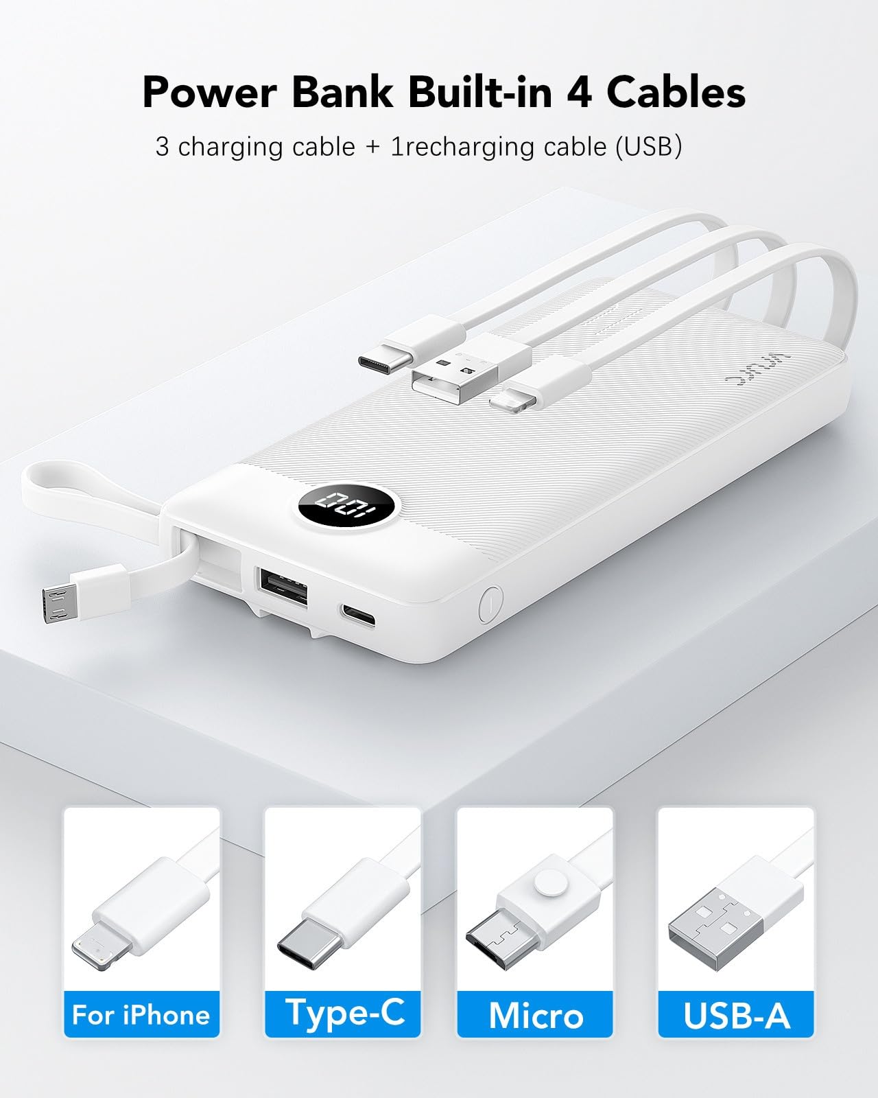 VRURC Portable Charger 10000mAh, Slim LED Display Power Bank, 5 Output 2 Input Cell Phone Battery Pack, Built-in Micro & USB C Cables Phone Charger Compatible with iPhone,Samsung,Android-White(1 Pack)