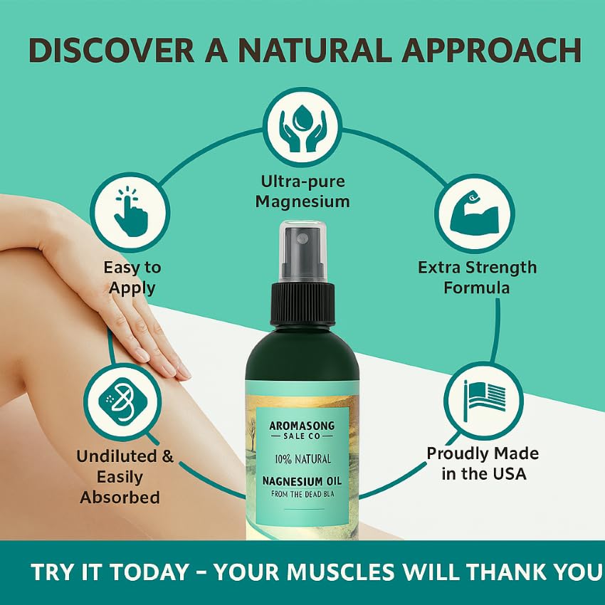 Aromasong Magnesium Spray - Extra Strength (23mg in Each Spritz) 8 Oz Refill Bottle, Natural and Pure Magnesium Oil Spray - Made in The USA - for Leg Discomfort and Promotes a Calm Sleep
