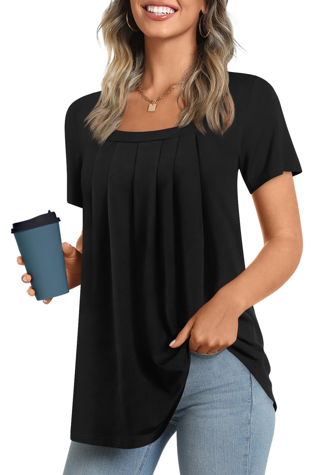 LONGYUAN Womens Tunic Tops 2025 Summer Casual Square Neck Shirts Black Large