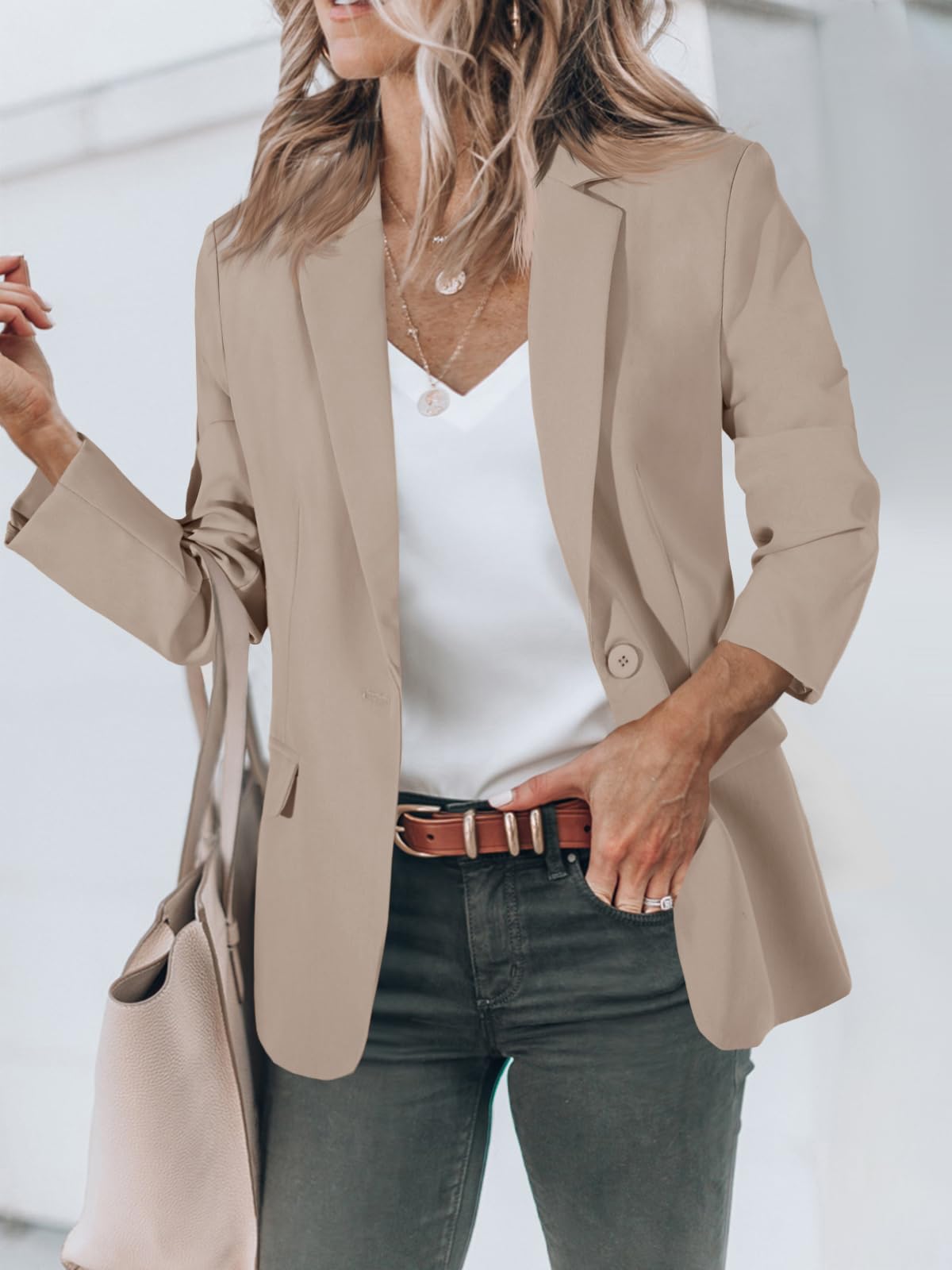 Cicy Bell Womens Casual Blazers Open Front Long Sleeve Work Office Suit Jackets Blazer Khaki