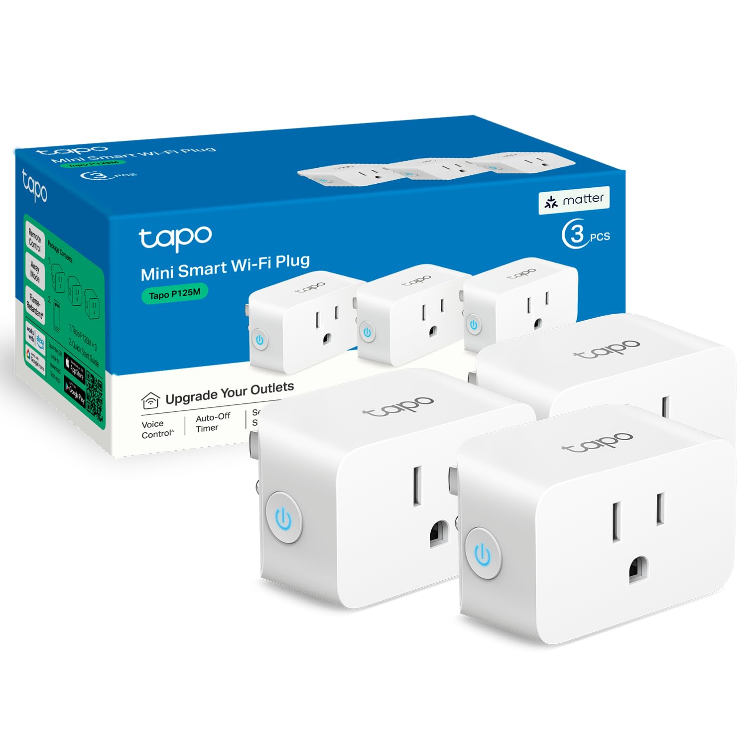 TP-Link Tapo Matter Supported Smart Plug Mini, Compact Design, 15A/1800W Max, Super Easy Setup, Works with Apple Home, Alexa & Google Home, UL Certified, 2.4G Wi-Fi Only, White, Tapo P125M(3-Pack)