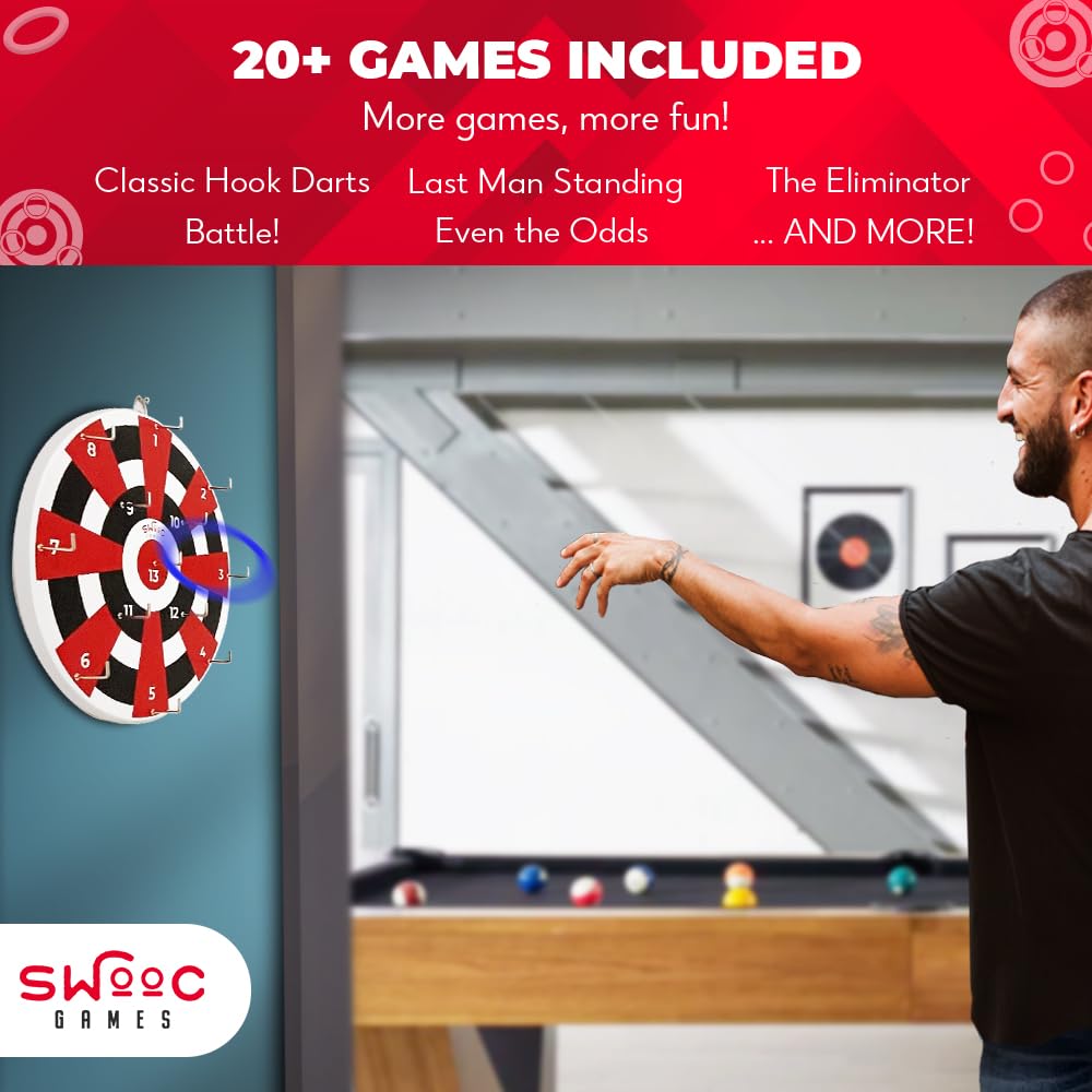 SWOOC Games ‒ Hook Darts Ring Toss Game ‒ Wood Board & Soft Rings ‒ 20+ Games Included for Kids & Adults ‒ Wall Mount Games ‒ Ring and Hook Game ‒ Ring Game ‒ Wall Games for Game Room, Patio, Garage