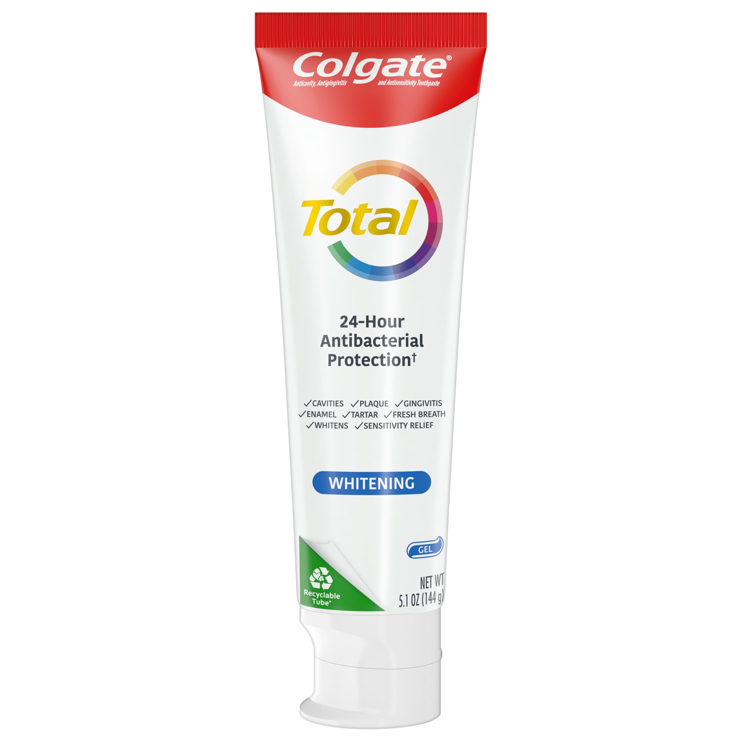 Colgate Total Whitening Toothpaste Gel, 10 Benefits, No Trade-Offs, Freshens Breath, Whitens Teeth and Provides Sensitivity Relief, Mint Flavor, 4 Pack, 5.1 Oz Tubes