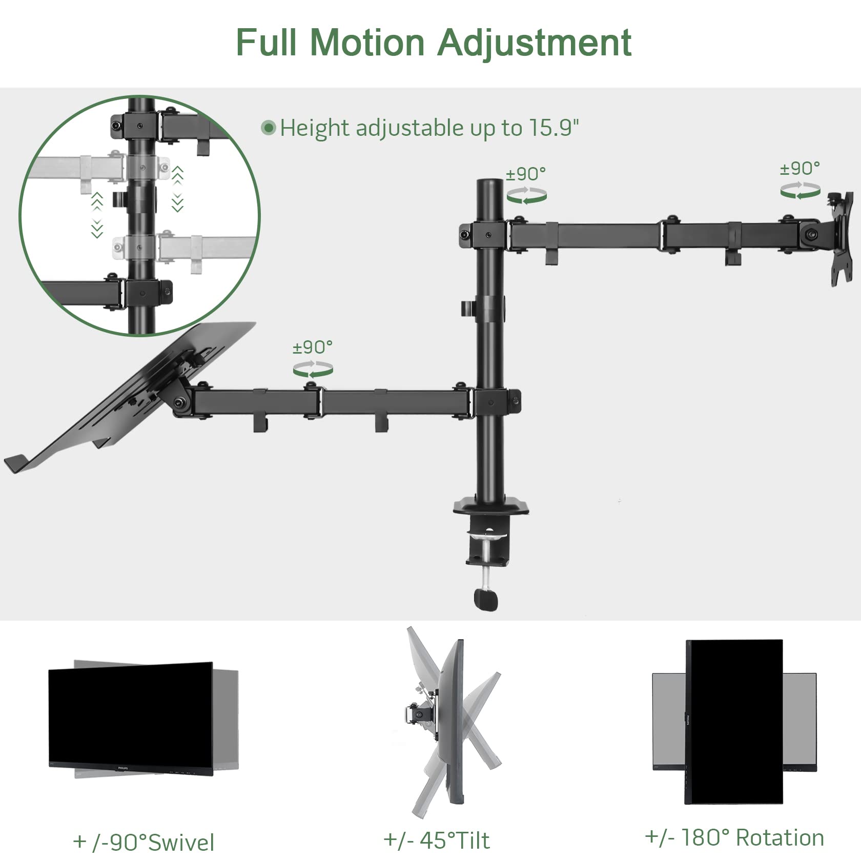 UPGRAVITY Monitor and Laptop Mount, Monitor Arm with Vented Tray for 13" to 27" LCD Computer Screens and Notebook up to 17 inch, Fully Adjustable Laptop Mount Stand Holds up to 17.6lbs