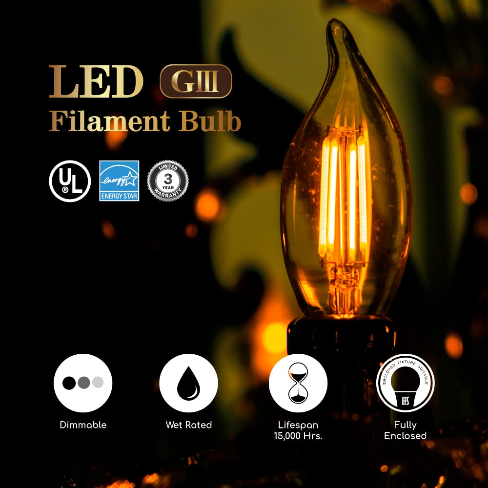 Euri Lighting VBA10-3020e-4, Dimmable LED BA10 Flame Tip Filament, 4.5W (50W Equiv) 500lm, 80 CRI, Warm White (2700K), E12, 120V, Wet Rated, UL, Energy Star, 3YR 15K HR WTY, 4-Pack