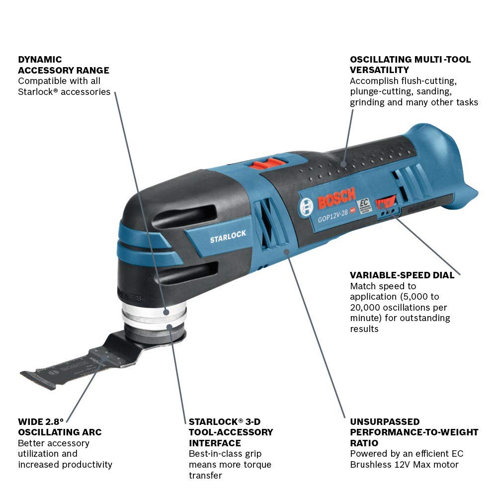 BOSCH GOP12V-28N 12V Max EC Brushless Starlock Oscillating Multi-Tool, Cordless, Variable Speed, with (1) 1-1/4 In. Plunge Blade (Bare Tool)
