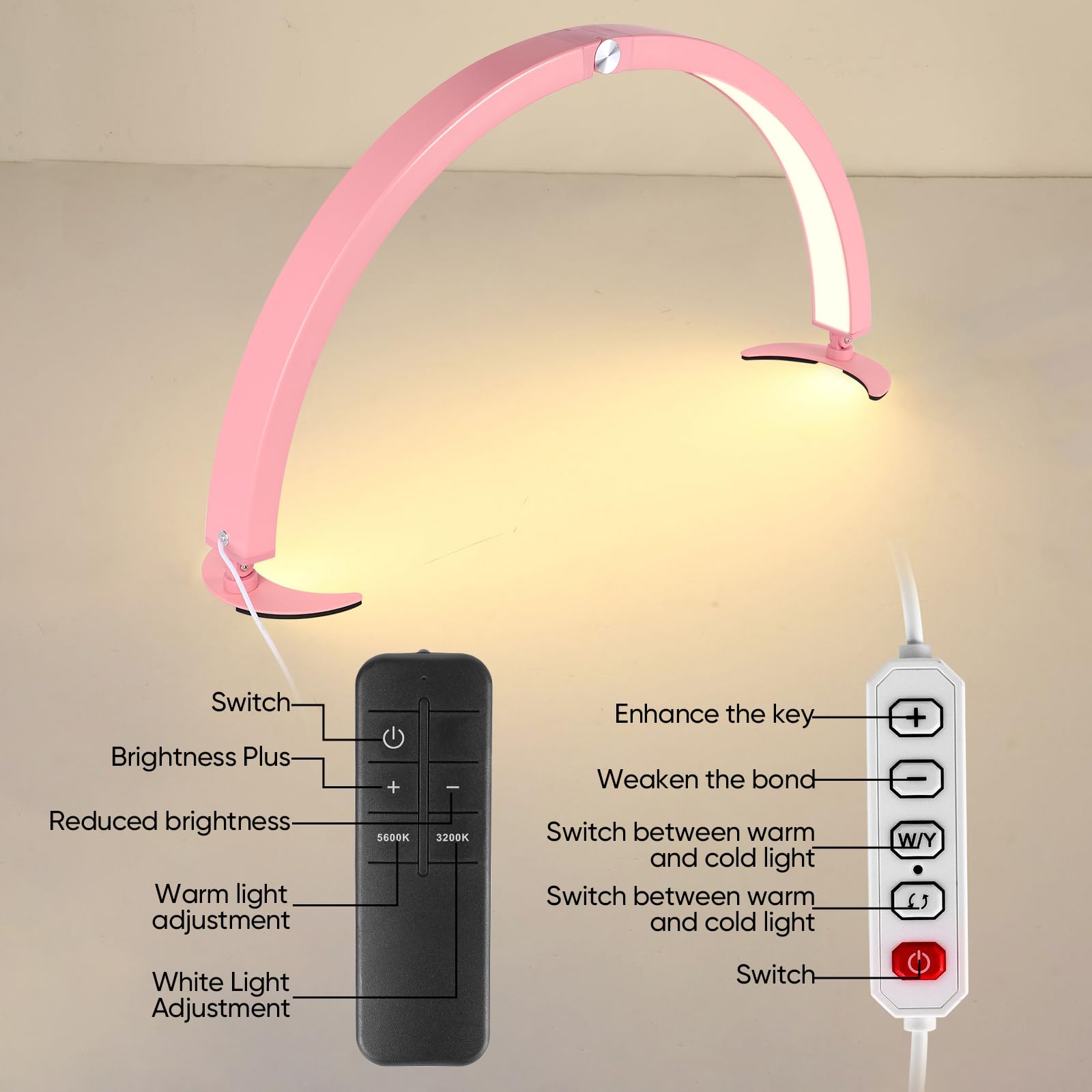 Mmucco 29in Half Moon Light for Nail Desk,40W Half Moon Nail Lamp for Desk,Led Nail Tech Lamp with Wire Controller & Remote,Table Lamp for Nails,Tattoo,Eyebrows, 7 Cool/Warm Tones & 10 Brightness