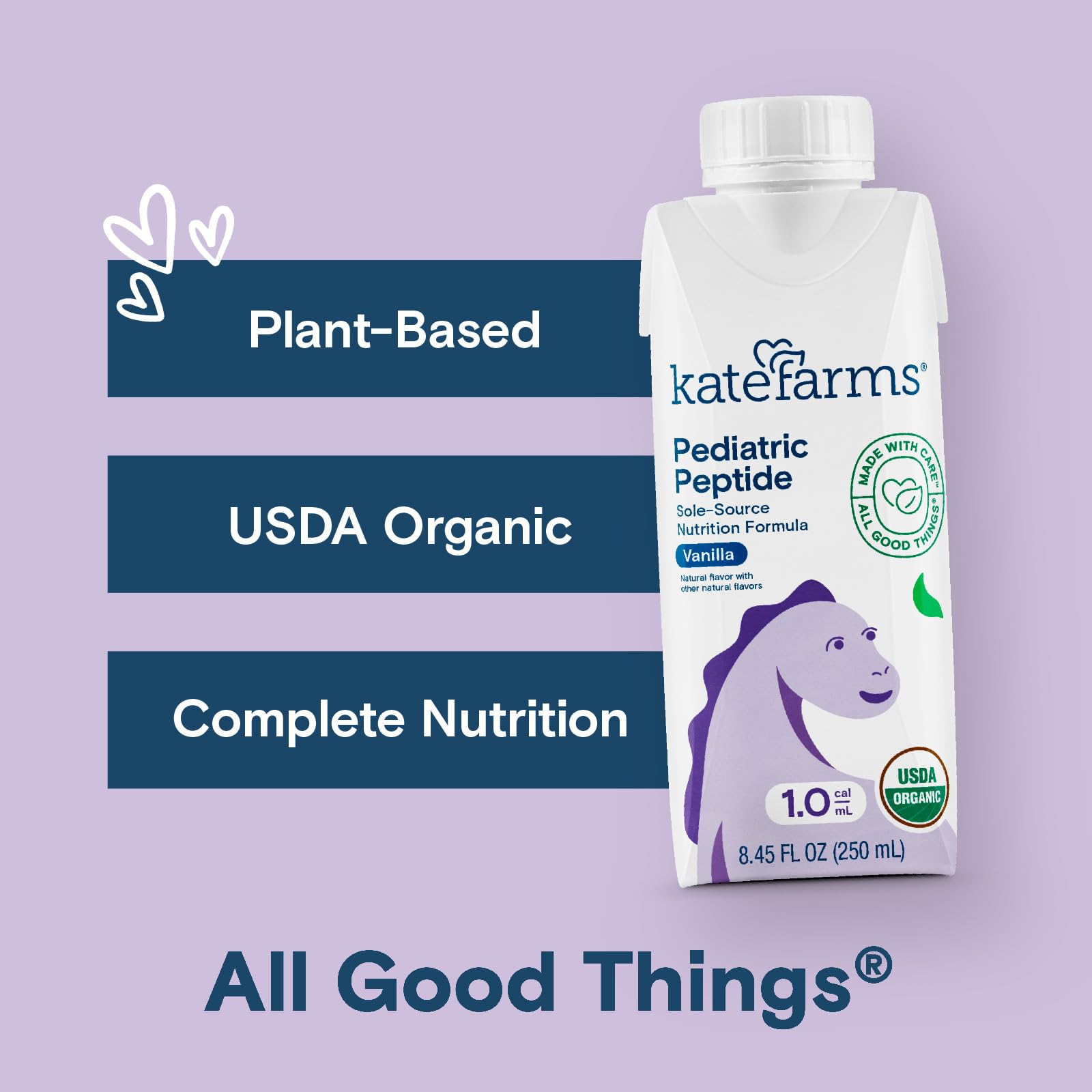 KATE FARMS Organic Pediatric Peptide 1.0 Formula, Vanilla, Sole-Source Hydrolyzed Plant-Based Nutrition for Oral or Tube Feeding, 8.45 oz (12 pack)