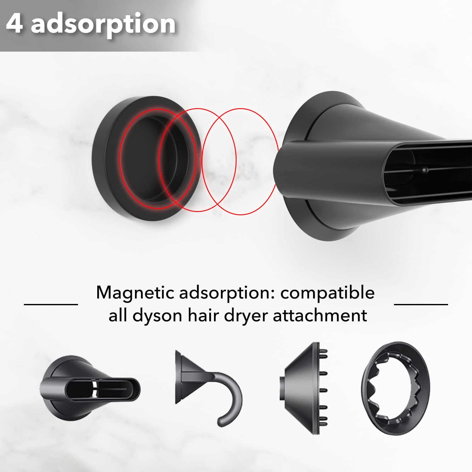 Hair Dryer Holder for Supersonic, with 4 Ring for Attachments Accessory Storage, with Wire Organization, Non-Slip Eva Protector, Black, Wall Mounted, Adhesive/Drilling